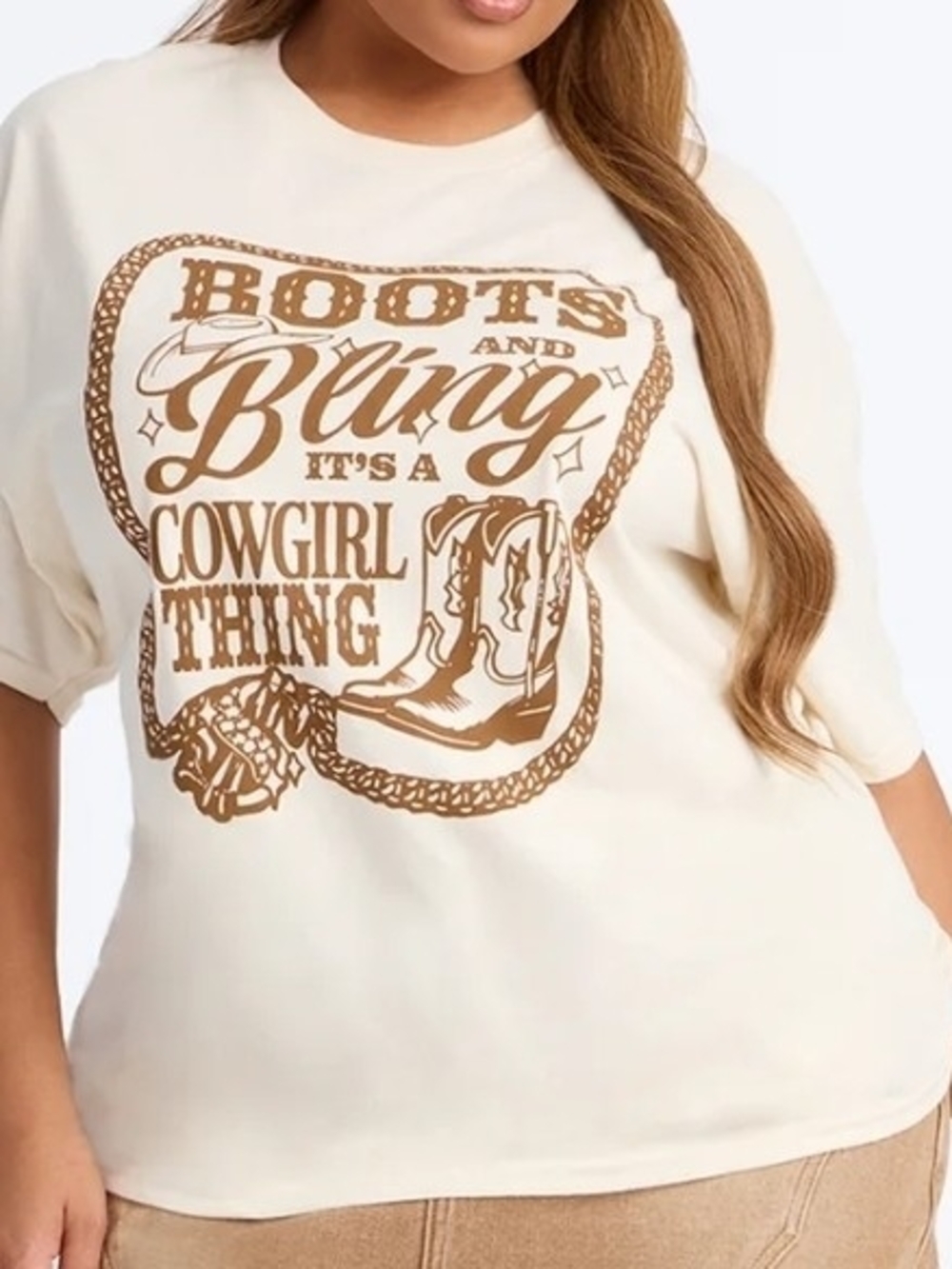 Fashion Nova Cream Graphic Tee with Brown Cowgirl Design
